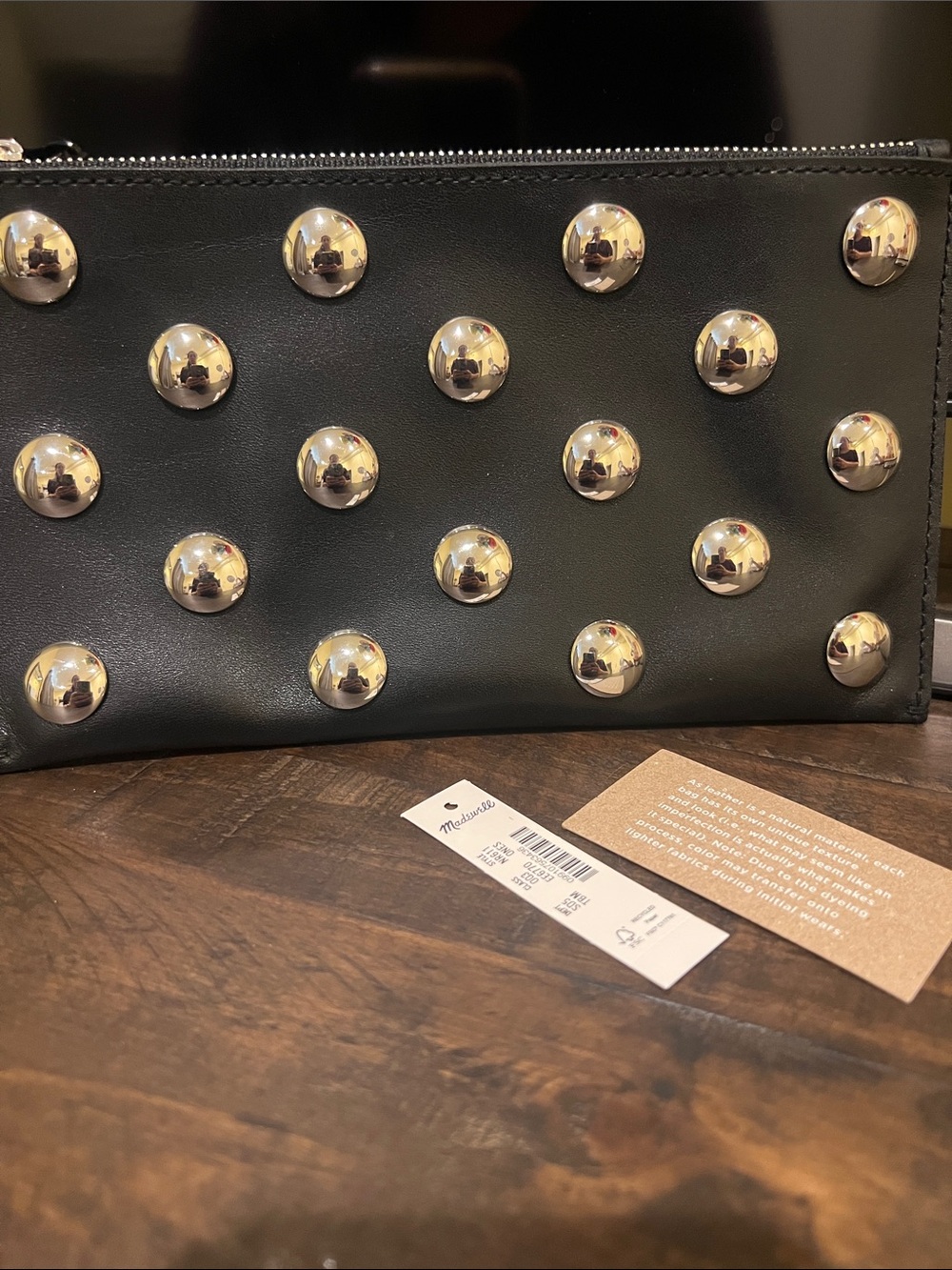 Madewell NWT Studded Black Leather Clutch with Silver Accents